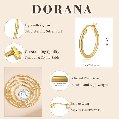 2mm Thin 14K Gold Plated Large S925 Sterling Silver Hoop Earrings for Women Hypoallergenic Big Hoop Non Tarnish Earrings Lightweight 20/30/40/50/60/70mm - color: Gold-20mm
