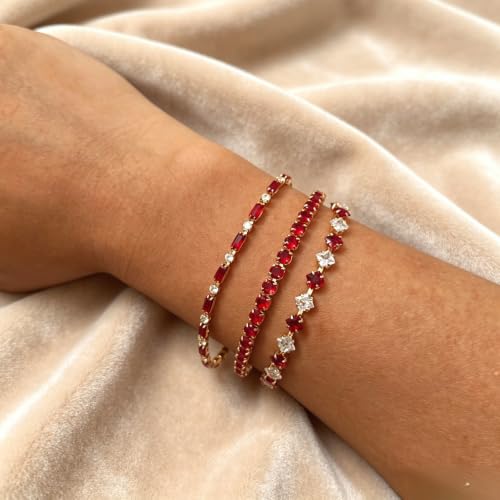 3Pcs Women Stackable 14K Gold Plated Tennis Bracelet with Colorful CZ | Dainty Classic Everyday Jewelry 14K Gold Plated Colorful Cubic Zirconia Tennis Bracelet Created Diamond for Wedding 7 inches - color: gold red
