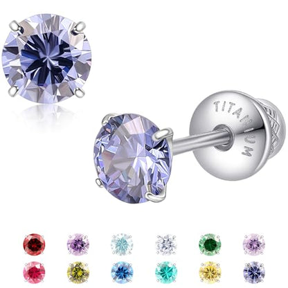 Limerencia Birthstone Screw Back Earrings G23 Implant Grade Titanium Stud Earrings Hypoallergenic Cubic Zirconia Posts Studs Jewelry Gifts for Girls Sensitive Ears - color: December