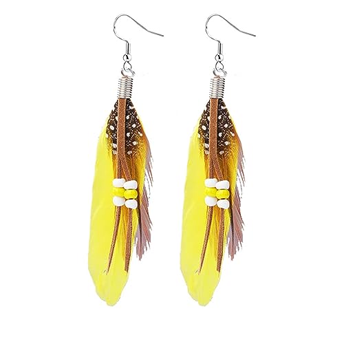 Feather Earrings for Women Vintage Bohemian Earrings Long Drop Dangle Earrings Feather Tassel Mesh Pendant Earrings Boho Fashion Personalized Flowing Lightweight Earrings Statement Unique Feather Earrings Handmade Jewelry - color: Yellow
