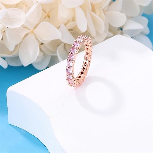 KUNSIR 925 Silver Cubic Zirconia Ring Size 7-9 Wedding Band Sterling Silver Eternity Ring Modern Style - style: Rose Gold Pink Zirconia Ring