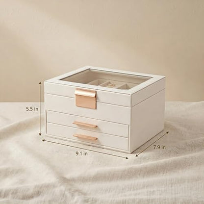 Jewelry Box Organizer with Glass Lid, 3-Layer with Double Drawers, Luxury Velvet Lined Desktop Display Case for Earrings Rings Necklaces, Gift for Women Girls (White)