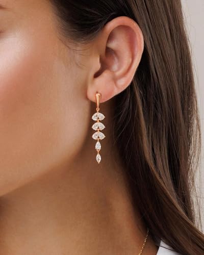 Dangle Earrings for Women - 14K Gold/White Gold/Rose Gold Plated Butterfly Heart Star Hoop Chain Long Tassel Cubic Zirconia CZ Dangle Earrings - color: rose gold Leaf Dangle