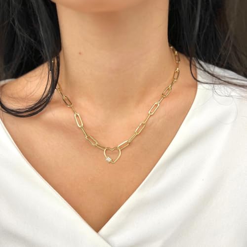 CAROVO 18K Gold Silver Plated Paperclip Chain Necklace for Women Delicate Love Heart Pendant Link Paperclip Chain Necklaces for Women - style: D: Heart CZ Necklace