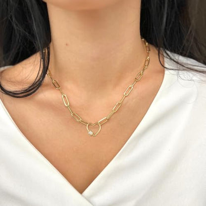 CAROVO 18K Gold Silver Plated Paperclip Chain Necklace for Women Delicate Love Heart Pendant Link Paperclip Chain Necklaces for Women - style: D: Heart CZ Necklace
