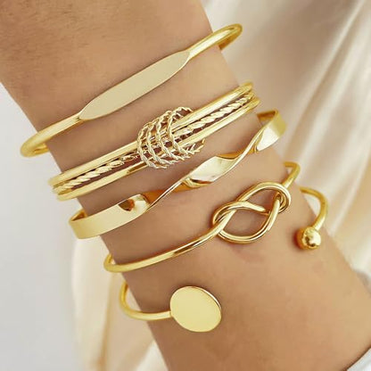 Rrdaily 14k Gold Plated Bangle Bracelet Set for Women,Silver Stackable Multi-Layer Circle Charm Bracelet,Trendy Simple Layered Non Tarnish Cuff Bracelet - color: Gold