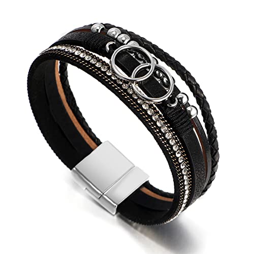 Fesciory Leather Wrap Bracelet for Women, Boho Western Layered Cuff Jewelry | Stackable Bracelets, Easy-On Clasp, Daily Wear, Pairs with Boho Western Outfits, Gift for Women - color: Black11