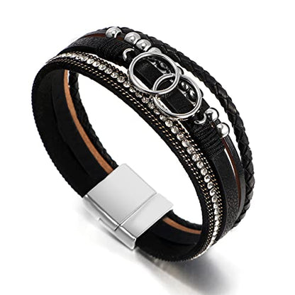 Fesciory Leather Wrap Bracelet for Women, Boho Western Layered Cuff Jewelry | Stackable Bracelets, Easy-On Clasp, Daily Wear, Pairs with Boho Western Outfits, Gift for Women - color: Black11