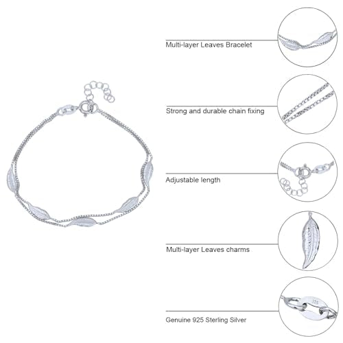 Vanbelle Genuine Sterling Silver Jewelry - Rhodium Plated with 925 Stamp - Designer Leaf Anklet - Elegant handcrafted Double layered Chain Bracelet for Women - 6.5" long + 1" extender