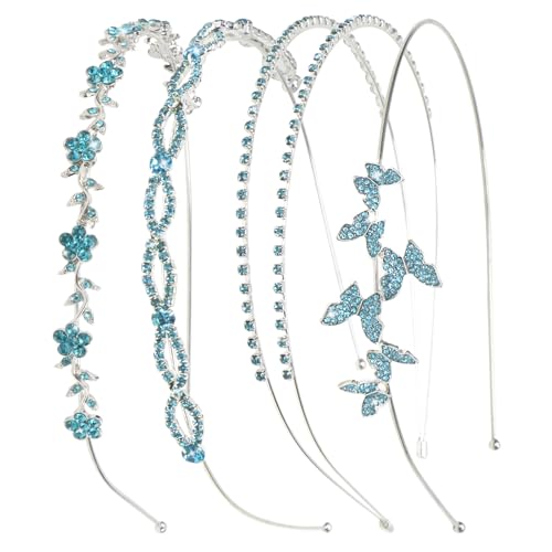 Wecoe 4 Pack Light Blue Rhinestone Bridal Headpieces - Crystal Butterfly Leaf Metal Headbands for Women, Girls, Flower Girls, Weddings & Gifts - color: Silver band & Turquoise blue rhinestones