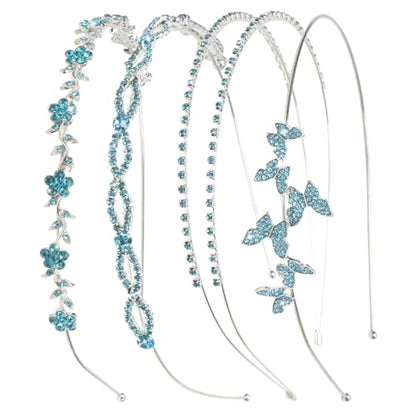 Wecoe 4 Pack Light Blue Rhinestone Bridal Headpieces - Crystal Butterfly Leaf Metal Headbands for Women, Girls, Flower Girls, Weddings & Gifts - color: Silver band & Turquoise blue rhinestones
