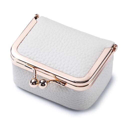 Genuine Leather Mini Jewelry Box - Vintage-Inspired Travel Jewelry Organizer with Kiss Lock, Compact Ring Box for Women, Perfect for Earrings, Rings, Necklaces, Bracelets (B White) - color: White L 2.95in
