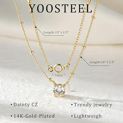Yoosteel Layered 14K-Gold-Plated Necklace for Women,CZ Necklaces Stack | Dainty Cubic Zirconia Pendant Necklace,Simple Chain Choker Stackable,Trendy Jewelry,Wedding Bridesmaid Gifts - color: 01-Layered Round CZ