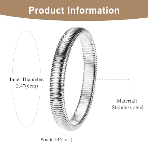 NMQLX Women's Elastic Bangle Bracelets: Stainless Steel Gold Chunky Wristband Bracelets - color: Silver - 10mm