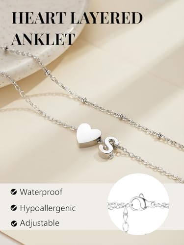 Ankle Bracelets for Women Waterproof 14K Gold/Silver/Black Initial Anklet for Women Dainty Layered Heart Ankle Bracelets Stainless Steel Adjustable Foot Chain Anklet Summer Beach Jewelry - color: L-Silver