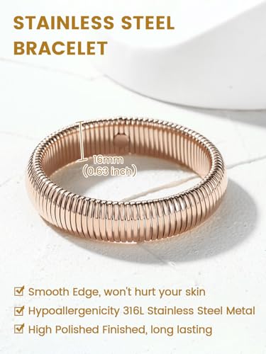 KeyStyle Bangle Bracelets For Women, Stainless Steel Stretch Bracelet Wide | 14K Gold/Rose Gold/Black/Silver Plated Flexible Wide Twisted Link Chain Wristband Jewelry, 10Mm, 16Mm, 20Mm - color: 16mm - Rose Gold