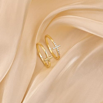 Foxgirl Cross Gold Rings for Women Non Tarnish, Dainty Trendy Stackable Ring Set 14k Gold Plated Thin Cz Cross Finger Rings for Women Non Tarnish Simple thumb Rings for Momen Gold Jewelry Size 5-10 | Dainty Thin Stackable Rings with Cross and CZ Details,