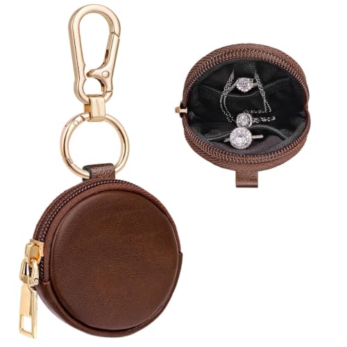 LUCKINEE Ring Holder Keychain, Travel Ring Case Mini Ring Holder for Women Men | Small Jewelry Ring Pouch Keychain, Portable Ring Earring Stud Necklace Storage Case, Great for Linking on Purse or Belt Loops - color: Brown