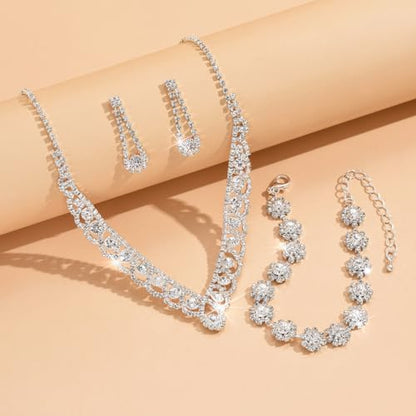 Prom Earrings Necklace Bracelet Set Elegant Crystal Rhinestone Necklace Earrings Bracelet Bridal Wedding Prom Dresses Costume Outfit Gold Jewelry Sets for Women - color: F
