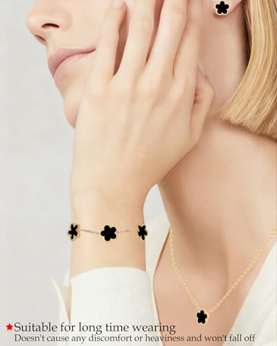 Clover Jewelry Set 3 PC - 18K Gold Plated Stainless Steel Y Necklace Four Leaf Pendant, Clover Link Bracelet Charm, Flower Earrings, Hypoallergenic Non-Tarnish,Simple Luxury Lucky Gifts for Women - color: Black
