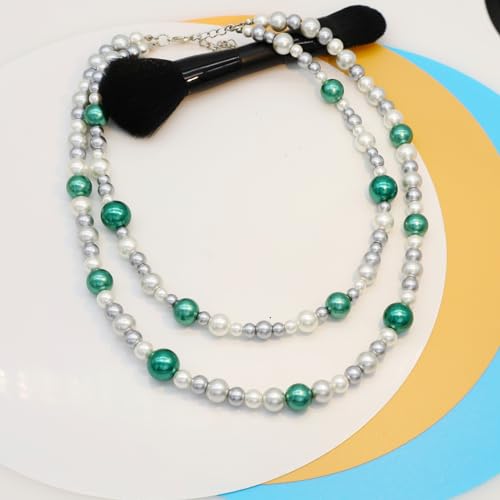 AAA+ Simulated Pearl Strand Necklace Colorful 10mm Pearls Choker Necklaces for Women 1920s Long Costume Jewelry Gift - color: emerald 2 layers