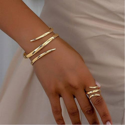 Gold Jewelry Sets for Women Bangle Ring Set Chunky Bangle Bracelet And Ring Statement Jewelry Set for Women - style: Gold-C