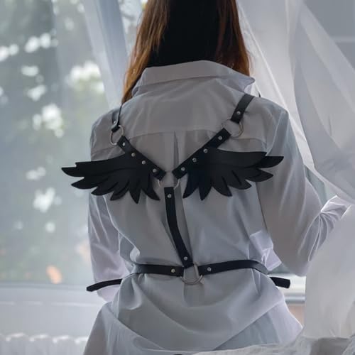 Punk Black PU Leather Body Harness Belt with Wings, Men Women Gothic Chest Chain Shoulder Waist Belt Nightclub Party Rave Body Chain Roleplay Cosplay Halloween Body Accessories Jewelry