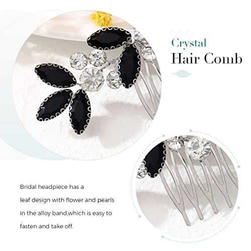 Catery Rhinestone Bride Wedding Hair Comb Black Crystal Side Comb Bridal Hair Piece Leaf Headpiece Bridesmaid Hair Accessories for Women and Girls - color: Black