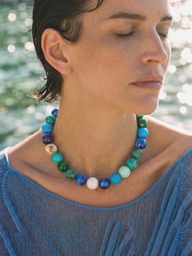Chunky Beaded Necklaces for Women Statement Necklace | Bold Chunky Choker, Large Resin Beads, Adjustable Necklace, Boho Trendy Summer Beach Holiday Jewelry - color: Blue-02