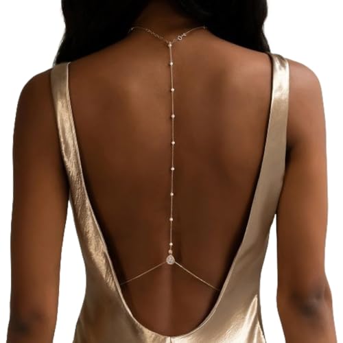 Rhinestone Back Necklace for Backless Dress - Bridal Wedding Pearl Backdrop Jewelry Crystal Long Body Chain Simple Waist Chain for Women - style: Gold