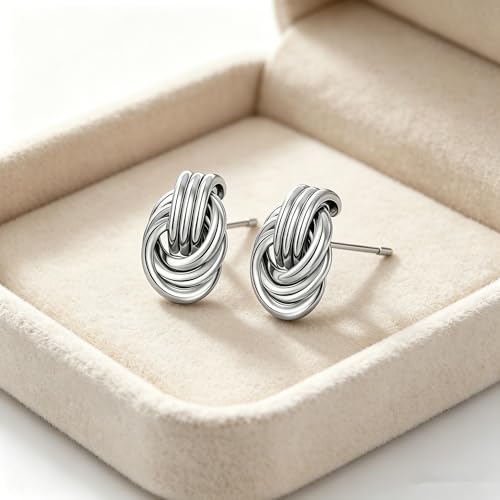 Gold Statement Earrings For Women, 14K Gold Plated Textured Geometric Drop Earrings - Hypoallergenic Stainless Steel Statement Earrings for Women, Waterproof Fan-Shaped Dangle Earrings for Beach & Daily Wear - color: Knot Silver YE03S