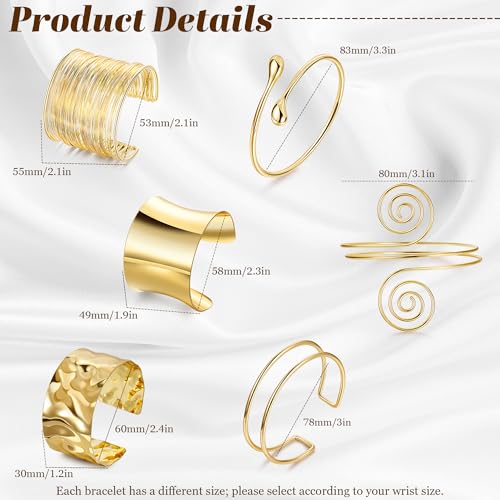 6 Pieces Upper Arm Cuff Arm Band Cuff Bangle Bracelet for Women Hammered Chunky Bracelets Open Wide Wire Bracelets Minimalist Coil Bangle Set Gold Sliver Wrist Cuff Wrap Bracelet Adjustable - color: Gold Cuff Bracelets A