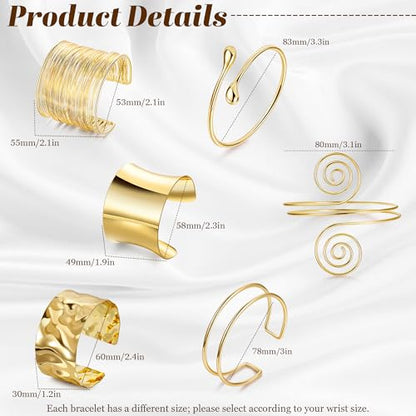 6 Pieces Upper Arm Cuff Arm Band Cuff Bangle Bracelet for Women Hammered Chunky Bracelets Open Wide Wire Bracelets Minimalist Coil Bangle Set Gold Sliver Wrist Cuff Wrap Bracelet Adjustable - color: Gold Cuff Bracelets A