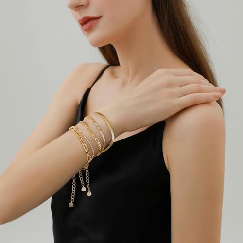 Gold Bracelets Set for Women, Dainty Stackable Layered Bracelet | 14K Gold Plated Adjustable Waterproof Non-Tarnish Paperclip & Curb Link Chain Jewelry Sets Gifts - color: Gold