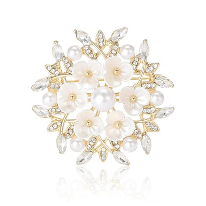 Shell Pearl Flower Flower Wreath Rhinestones Statement Brooches Lapel Pins for Women Girls Fashion Dainty Gold Tone Crystal Floral Brooch Pin for Dresses Suit Wedding Party Trendy Jewelry - color: Gold