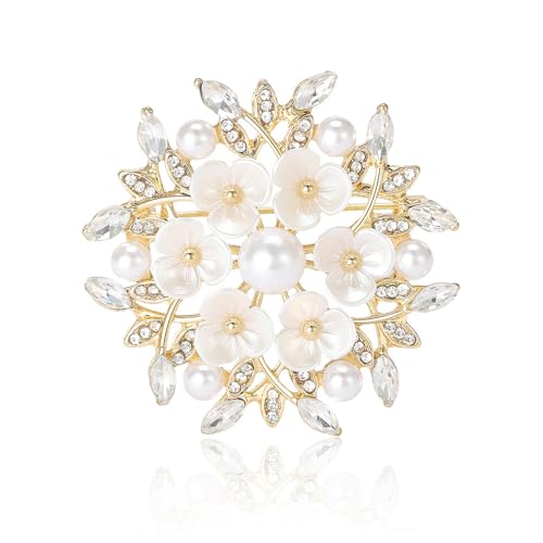 Shell Pearl Flower Flower Wreath Rhinestones Statement Brooches Lapel Pins for Women Girls Fashion Dainty Gold Tone Crystal Floral Brooch Pin for Dresses Suit Wedding Party Trendy Jewelry - color: Gold