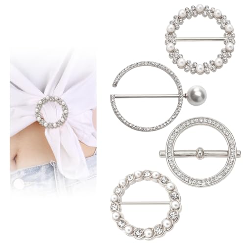 4PCS Scarf Ring Clip-T-Shirt Clip Clothes Corner Knotted Button for Women Fashion Rhinestone Round Circle Clip - color: Silver#1
