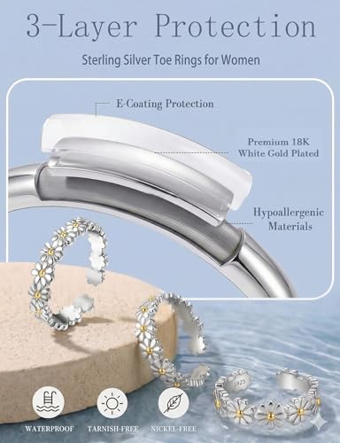 ORAZIO Toe Rings for Women 925 Sterling Silver Toe Rings Adjustable Band Silver Toe Rings Snake Cubic Zirconia Daisy Flower Open Cuff Toe Ring Set Beach Foot Jewelry for Summer