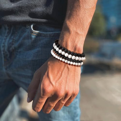 Mens Bead Bracelet Set - Adjustable Elastic Rope With 6&8MM Natural Stone Multi-Colored Beads - Tiger Eye Bracelets for Men - Gift - style: 4,white,black bracelet