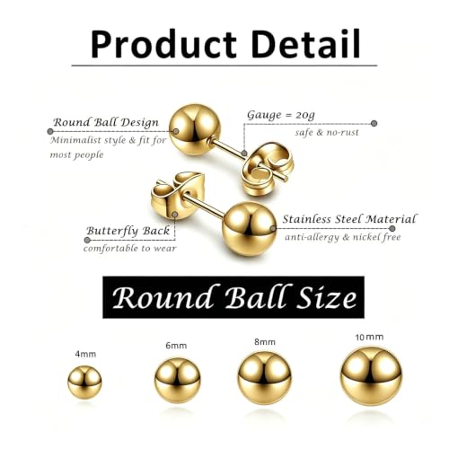 3/4 Pairs Stainless Steel Ball Stud Earrings, High Polished Round Ball Earrings Set for Women & Men 4-10mm - color: Gold