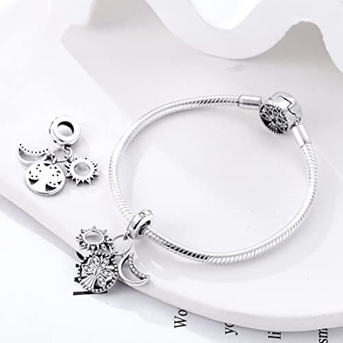 Hapour 925 Sterling Silver Charm for Bracelet Necklace Women Pendant Beads | Virgin Mary Charm, Religious Cross Heart Dragon European Jewelry Mom Charm - color: Family Tree and Sun and Moon