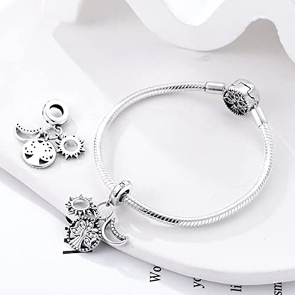 Hapour 925 Sterling Silver Charm for Bracelet Necklace Women Pendant Beads | Virgin Mary Charm, Religious Cross Heart Dragon European Jewelry Mom Charm - color: Family Tree and Sun and Moon