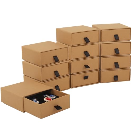 Nsmykhg Jewelry Gift Box Velvet-Lined,12 Pack Compact Drawer Style for Earrings & Rings, Necklace & Bracelet Organizer, 3.93x3.93x1.65 Inches, Stackable Elegant Jewelry Display & Storage Box (Kraft) - color: Kraft