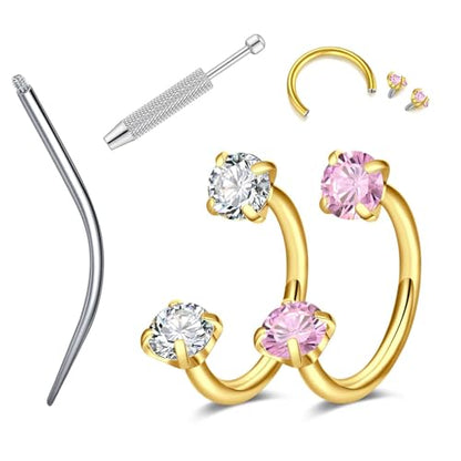 18G 20G Horseshoe Nose Rings Studs,Surgical Steel Nose Ring Pink Cubic Zirconia Nose Piercing,Internally Threaded Nose Rings For Women,Pink and Silver Zirconia - color: 18G-Gold-Round