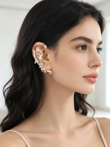 2Pcs Rhinestone Butterfly Earrings Ear Cuffs Non-Pierced Fake Earrings Butterfly Climber Wrap Around Earring Dainty Adjustable Ear Clip Jewelry for Women - color: Style4-gold