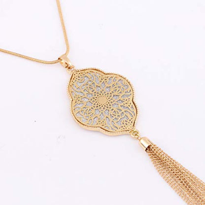 MOLOCH Long Necklaces For Woman Disk Circle Pendant Necklaces Tassel Fringe Necklace Set Statement Pendant - color: quatrefoil-shaped-gold