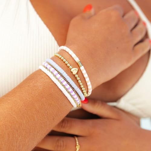 Beaded Bracelets for Women Dainty Beaded Heart Initial Bracelets Letter A-Z Charm Stretch Bead Ball Bracelet Trendy Jewelry Gifts - style: Gold-S