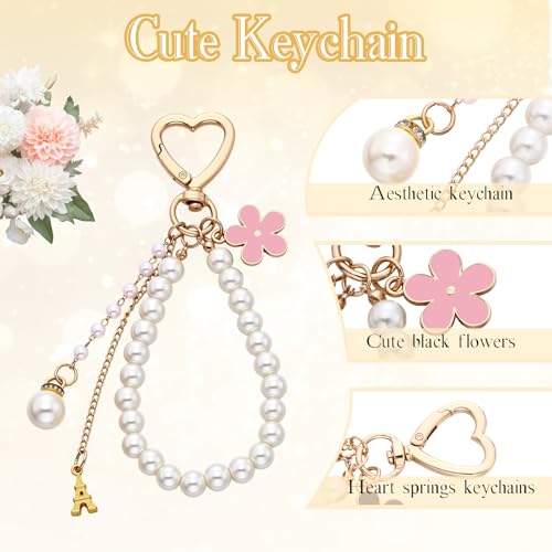 Sureio 5 Pcs Bag Extender Chain Pearl Purse Chain Ribbon Bow Keychain Extender Bag Strap Purse Charms Accessories for Handbag - color: Gold and Pink