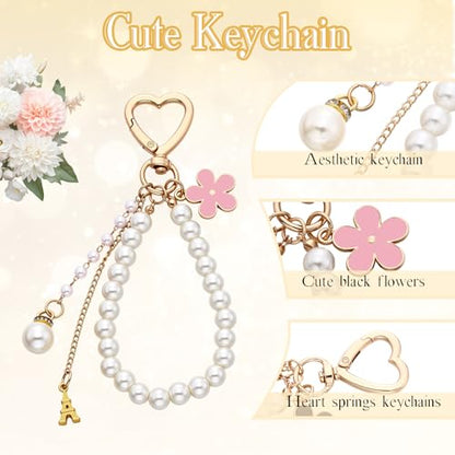 Sureio 5 Pcs Bag Extender Chain Pearl Purse Chain Ribbon Bow Keychain Extender Bag Strap Purse Charms Accessories for Handbag - color: Gold and Pink