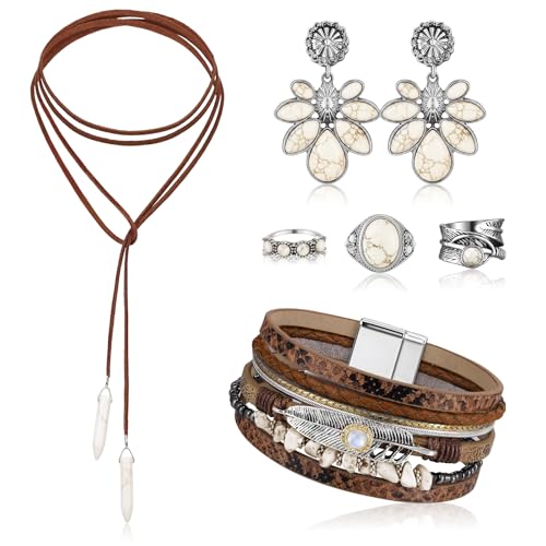 Ecally Bohemian Western Jewelry Turquoise Set Women Country Pendant Long Choker Layered Bracelets Earrings Ring for Women - color: White, style: Vintage